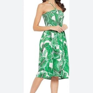 Gypsie blu dress L green white smocked tie neck